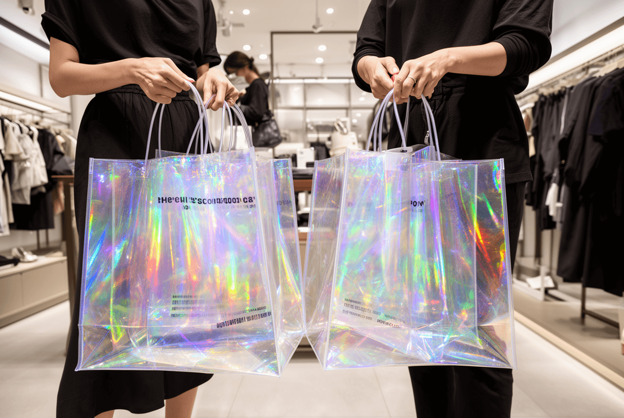 sacs holographiques brillants dans une boutique moderne
