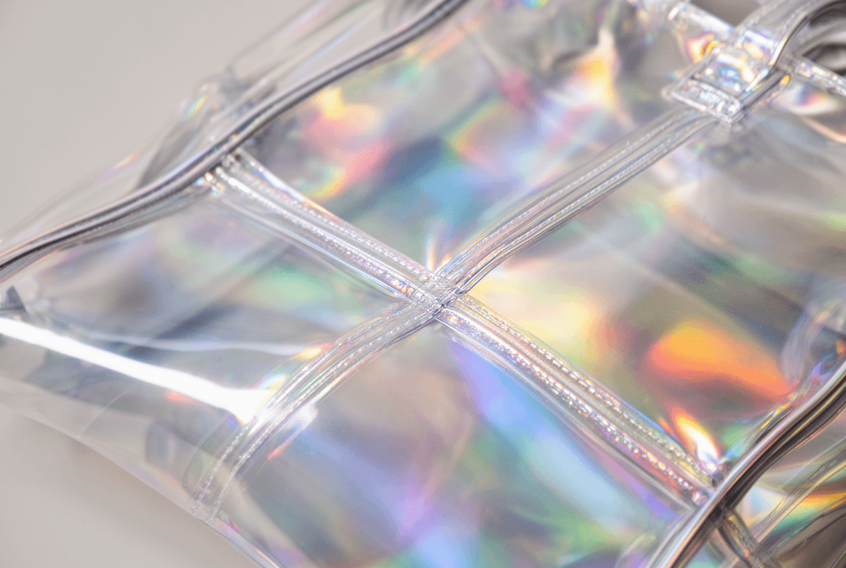 détail matière PVC irisée d’un sac holographique